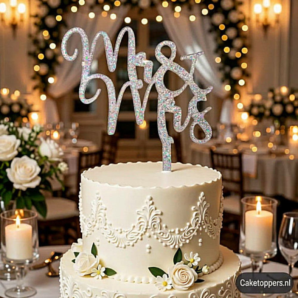 Mr&Mrs Zilver Glitter Taarttopper  
